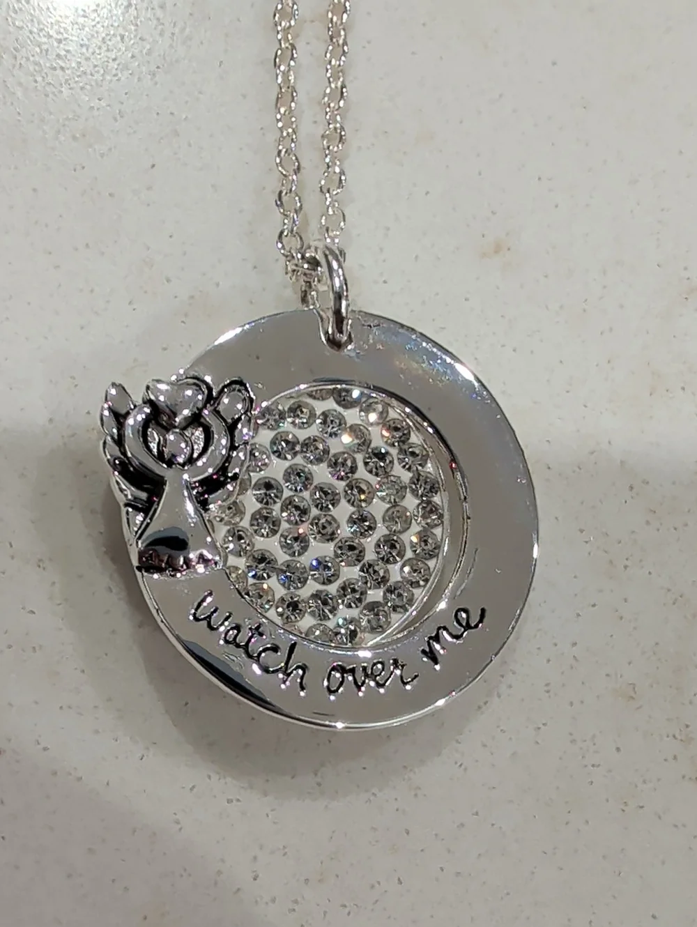 Silver 'Watch Over Me' Crystal Angel Pendant Necklace - Women Jewelry
